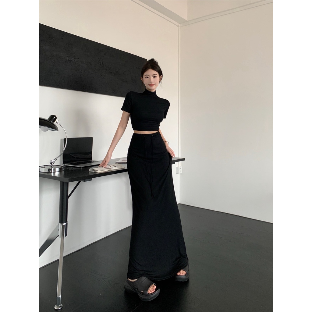 ✖♨¤#COD Suhao retro gaya Hong Kong hitam kerah setengah tinggi lengan pendek T-shirt wanita setelan musim panas rok tas pinggang tinggi rok pinggul set dua potong