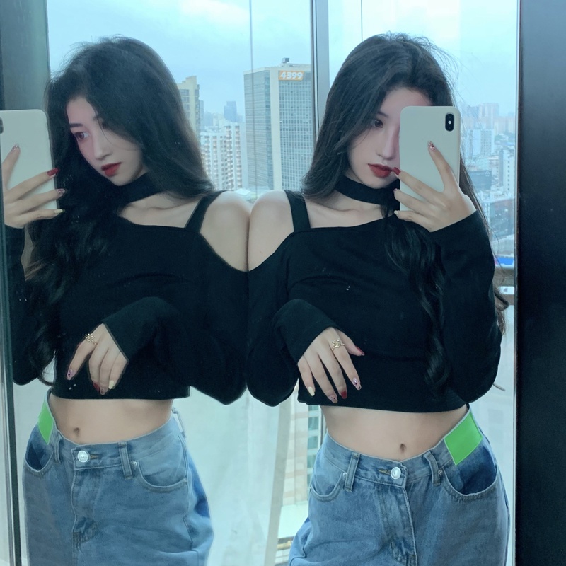 ❁❇#COD Suhao desain hitam strapless halter neck t-shirt wanita musim semi slim lengan panjang bottoming kemeja seksi pinggang tinggi atasan pendek