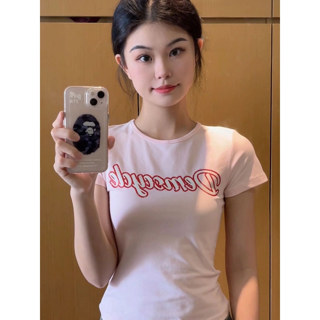 Red American hot girl bm style letter front shoulder short-sleeve t-shirt female versi Korea slim slim short top ins sweet and spicy pure desire