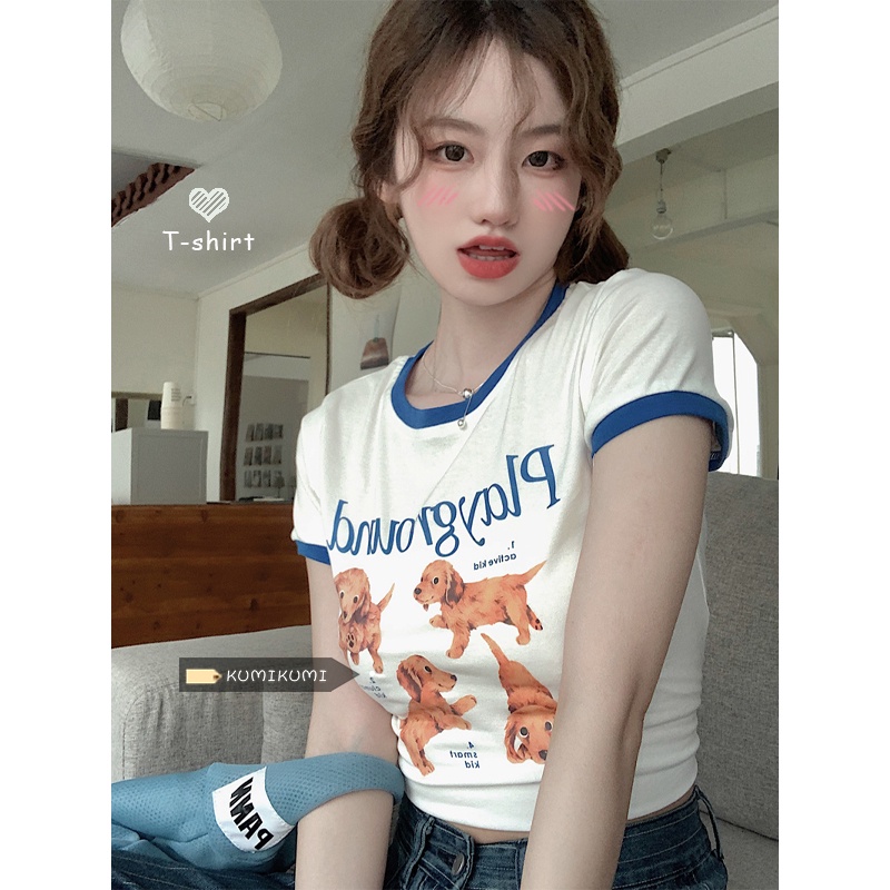 Red kaos Gadis panas Amerika hits warna dan memakai T-shirt lengan pendek wanita budidaya diri musim panas dan tipis pendek gaya bm anak anjing bottoming top ins