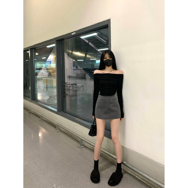 ◙﹍☞#COD Suhao Hot Girl One-Shoulder Lengan Panjang T-shirt Wanita Musim Semi 2023 Baru Lipit Pinggang Slim-Fit Atasan Pendek Kemeja Bawahan