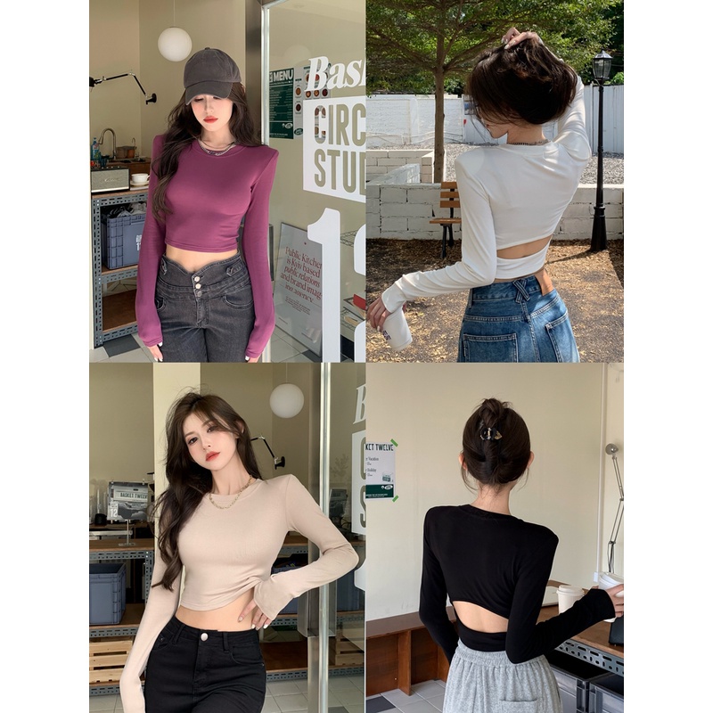 ✉♧#COD Suhao hot girl berongga lengan panjang T-shirt wanita musim semi hitam backless self-budidaya rasa desain bagian pendek bagian dalam atas kemeja bottoming