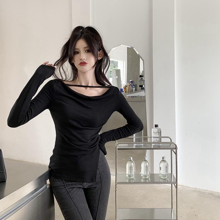 Red Swing collar t-shirt wanita keinginan murni celah angin setengah panjang lengan panjang kemeja musim semi slim versi Korea dari hot girl top