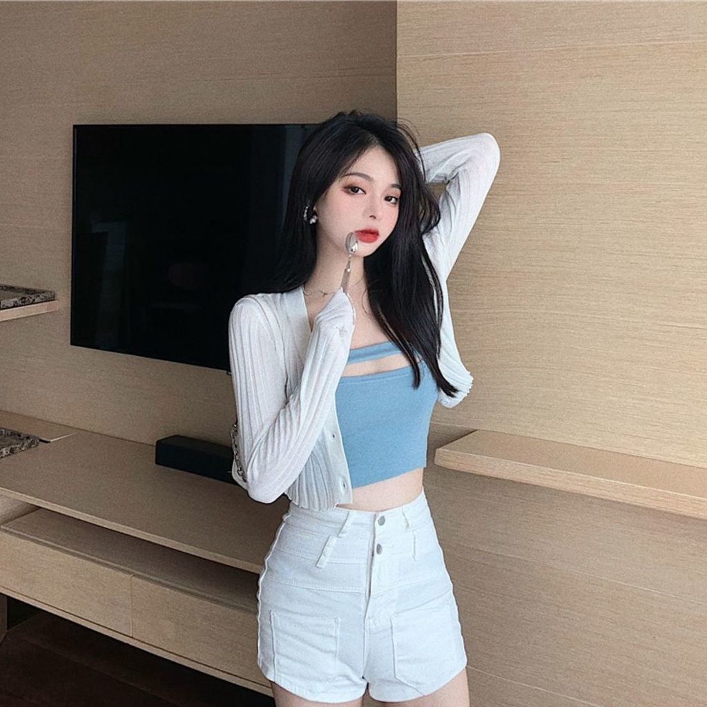 Red Rajutan putih kardigan kecil mantel tipis wanita musim semi dan musim panas hot girl tube top rompi pendek top set dua potong baru