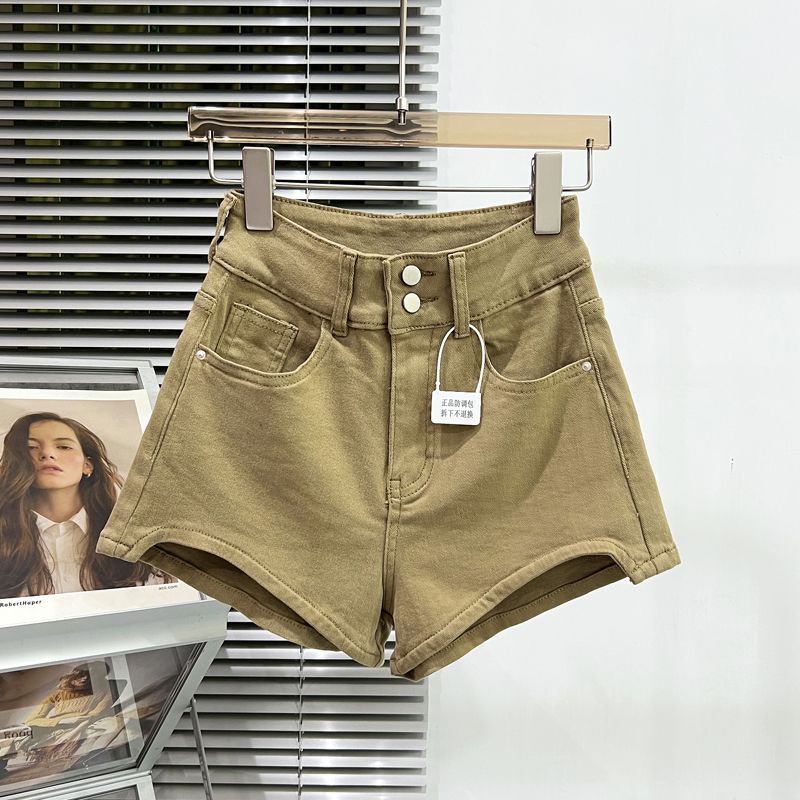 Red Khaki Celana Pendek Denim Wanita 2023 Baru Musim Semi dan Musim Panas Gaya Amerika Minimalis Pinggang Tinggi Elastis Hip-Mengangkat Babes Ketat hot Pants