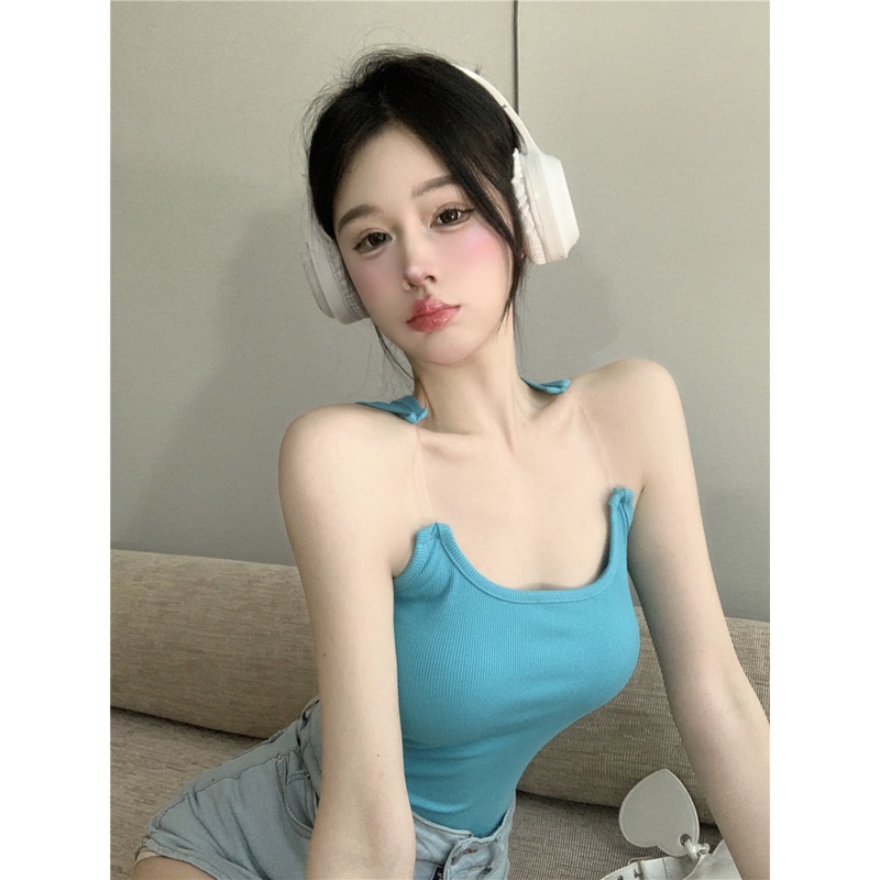 ♗◘✠Suhao Invisible Fishing Line Camisole Wanita Musim Panas Hot Girl Bottoming Shirt dengan Open Back dan Sexy Short Top dengan Penutup Daging Crop Top Sexy Tank Top Wanita Motif