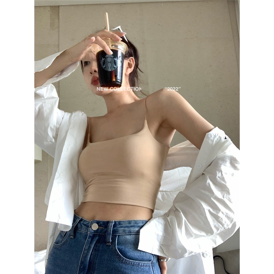 ✙❏❧Suhao hot girl camisole female summer 2023 new white pure desire style sexy outer wear inner bottoming shirt top crop top sexy tank top wanita motif