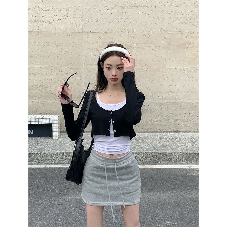 ☃◐☒#COD Suhao hot girl simple lengan panjang T-shirt pakaian wanita musim semi 2023 baru warna solid kardigan pendek kecil set dua potong