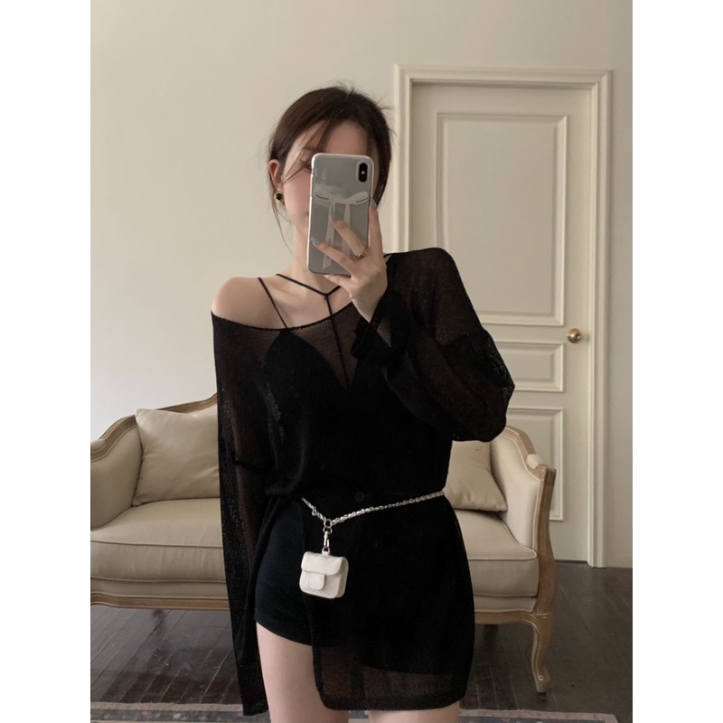 ♤✥▨Suhao hitam lengan panjang T-shirt perlindungan matahari blus musim panas wanita perspektif desain celah akal ceruk longgar top tipis top crop top tank top seksi motif wantita