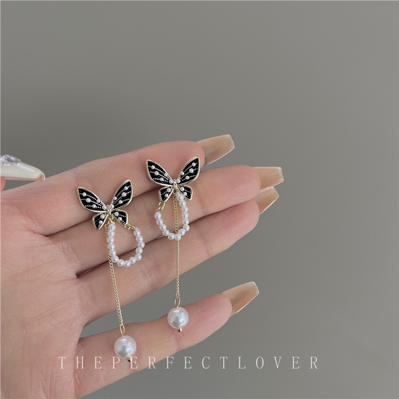 Korea Retro Hitam Kupu-Kupu Rumbai Anting Temperamen Fashion Mutiara Rantai Ladies Earrings