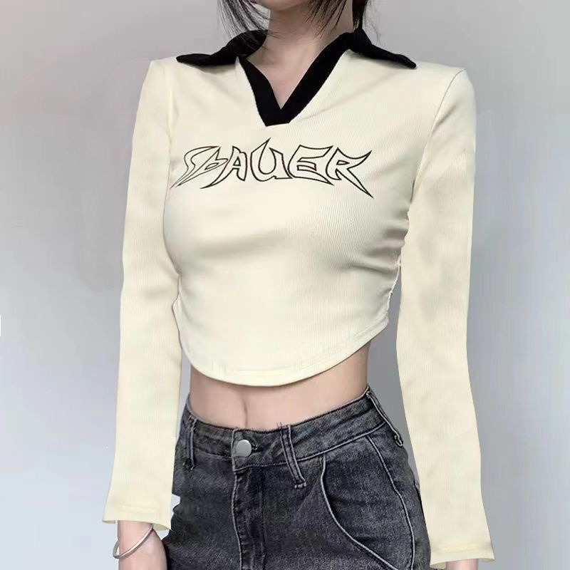 Red American retro lapel design letter printing lengan pendek T-shirt babes regular slim slim navel top summer