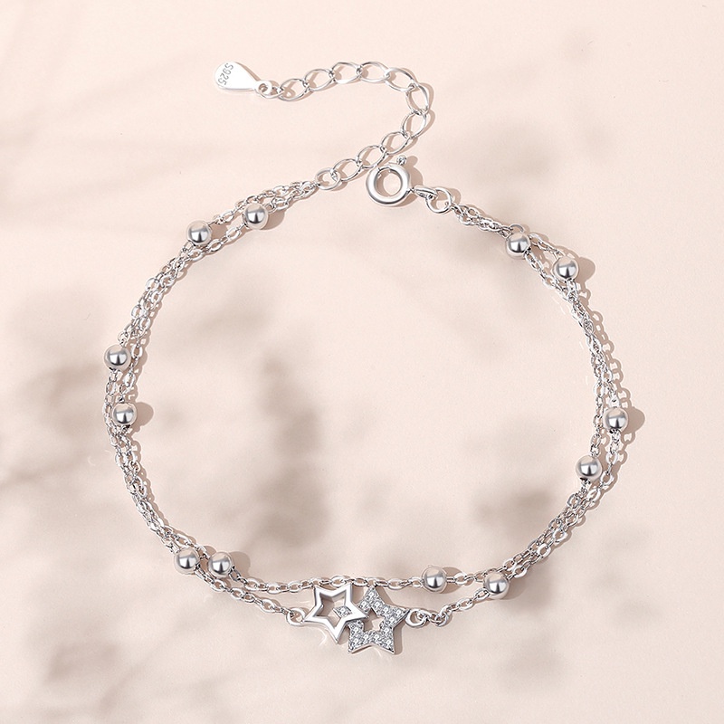 Versi Korea Sterling Silver Gelang Bintang Berujung Lima Platinum Kecil Segar Double-layer Gelang Manik Perak ins Desain All-match Perhiasan Tangan Unik