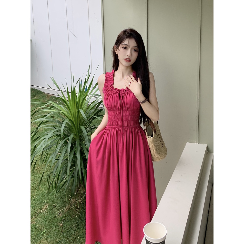 ❏☁▬Perancis retro suspender dress wanita musim panas mawar merah rok pinggang slim temperamen dasi lipit rok panjang