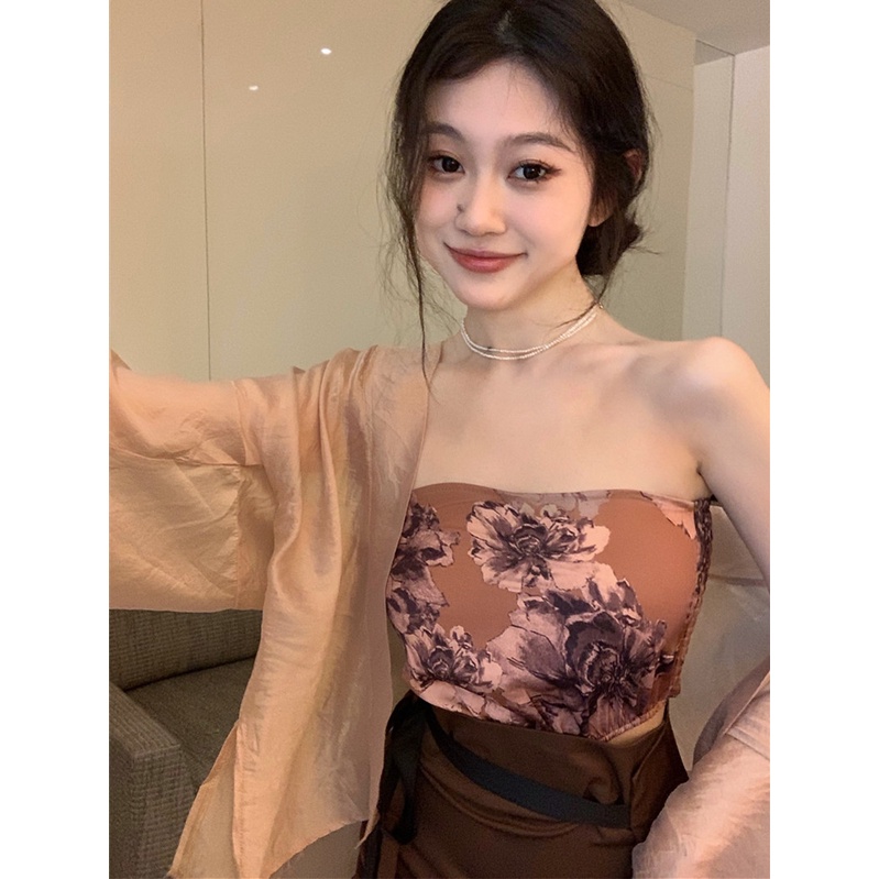 ∋✒☬Suhao Cina Baru Zen Suit Tube Top Rompi Wanita Musim Panas Chiffon Tabir Surya Kardigan Rok Panjang Rok Tiga Potong Tanaman top Seksi Tank Top Wanita Motif