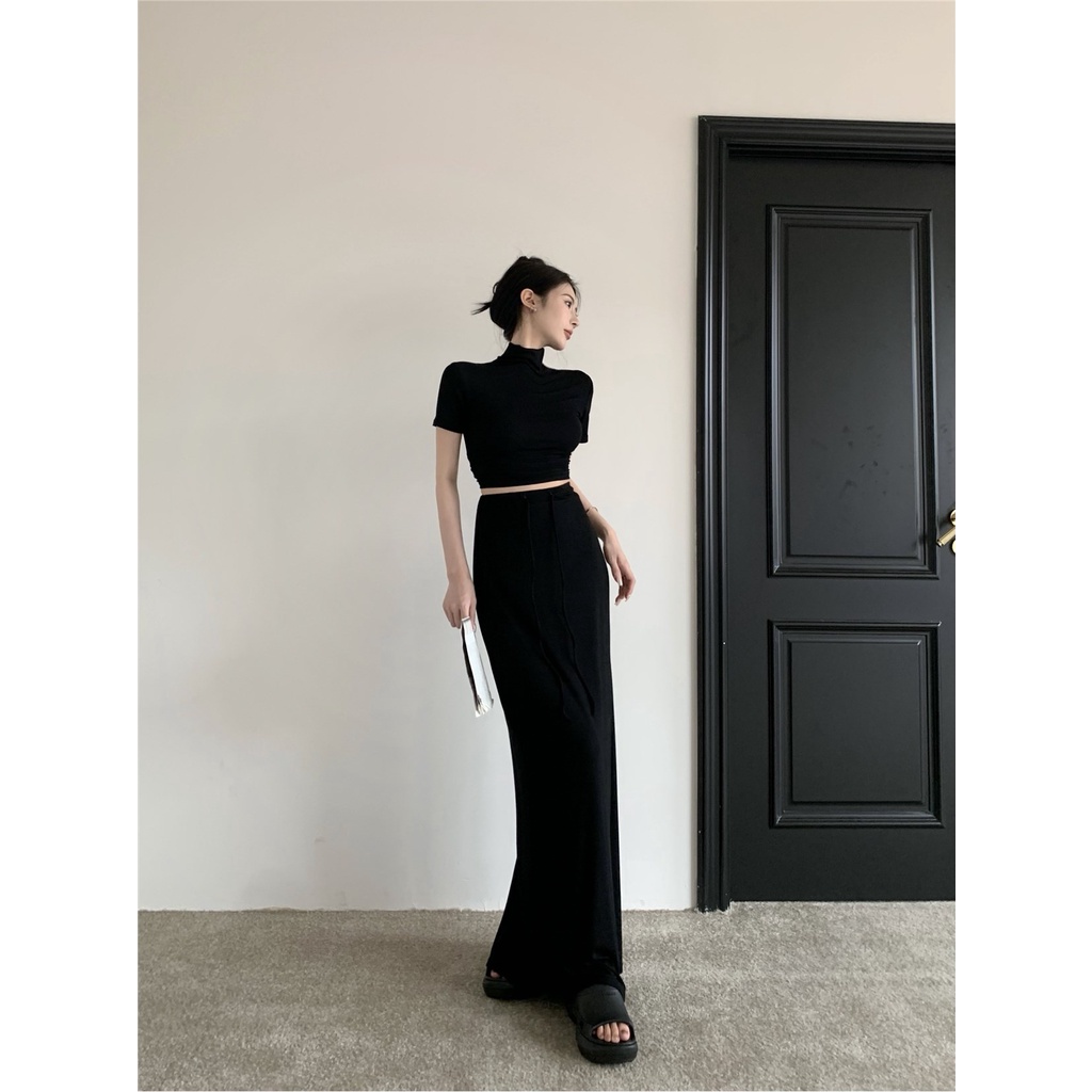 ✖♨¤#COD Suhao retro gaya Hong Kong hitam kerah setengah tinggi lengan pendek T-shirt wanita setelan musim panas rok tas pinggang tinggi rok pinggul set dua potong