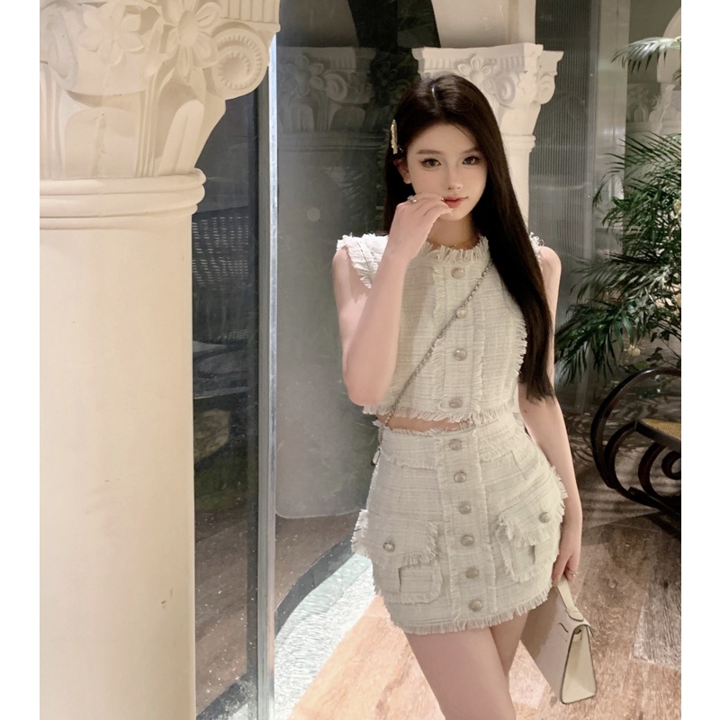 ▣Suhao kecil wewangian sesuai temperamen high-end kamisol top wanita musim panas rok tas pinggul rok two-piece set crop top sexy tank top wanita motif