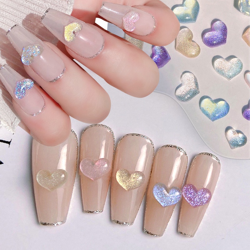 Nail Rhinestones Aurora Glitter Bentuk Hati Nail Art Hias Flat Cinta Warna Campur Manicure DIY Aksesoris