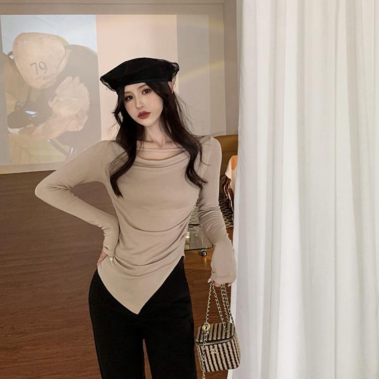 Red Swing collar t-shirt wanita keinginan murni celah angin setengah panjang lengan panjang kemeja musim semi slim versi Korea dari hot girl top