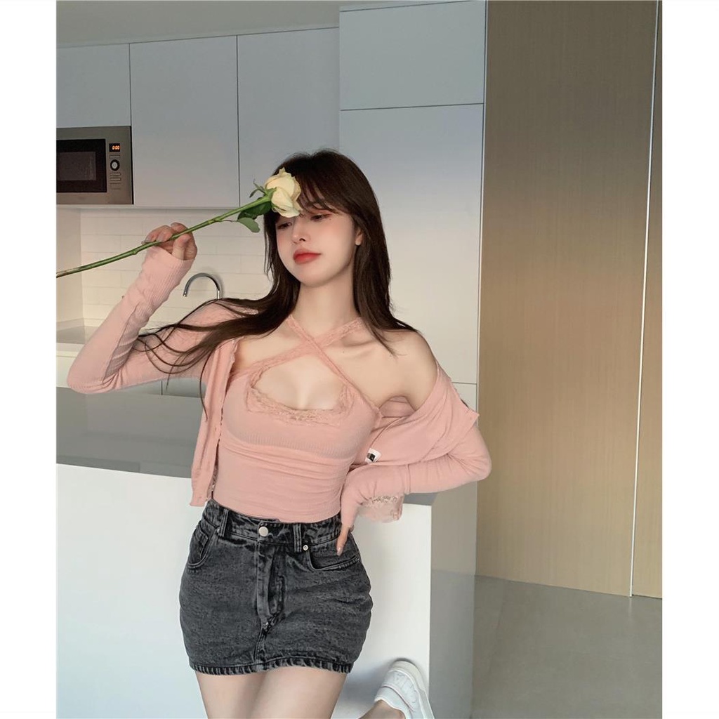 Red Keinginan murni renda manis rajutan kardigan kecil jaket wanita musim panas bagian tipis blus tabir surya bagian pendek di luar dengan atasan lengan panjang