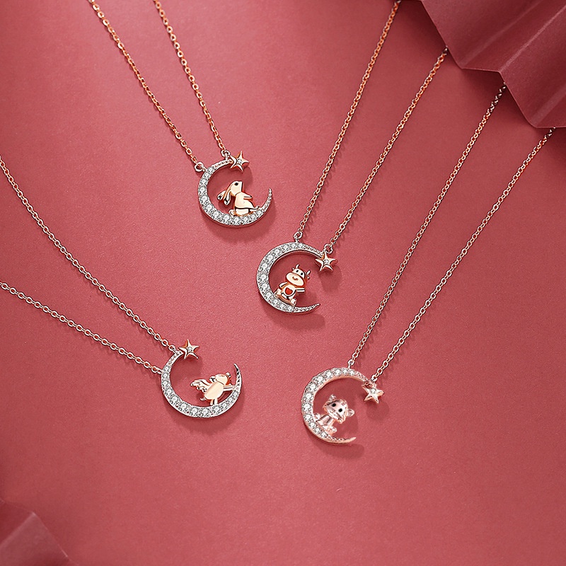 Zodiak Kelinci Kalung Sterling Silver Rose Gold ins Rantai Klavikula Nasional Trendi Benming Tahun Liontin Bintang Bulan Kalung