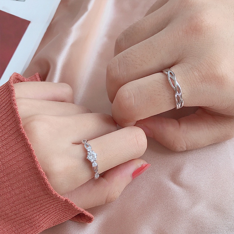Asli Sutra Hijau Pasangan Cincin Sterling Perak Pasangan Pria Wanita Versi Korea Sederhana Terbuka Pasangan Cincin Simulasi Berlian Cincin Ring