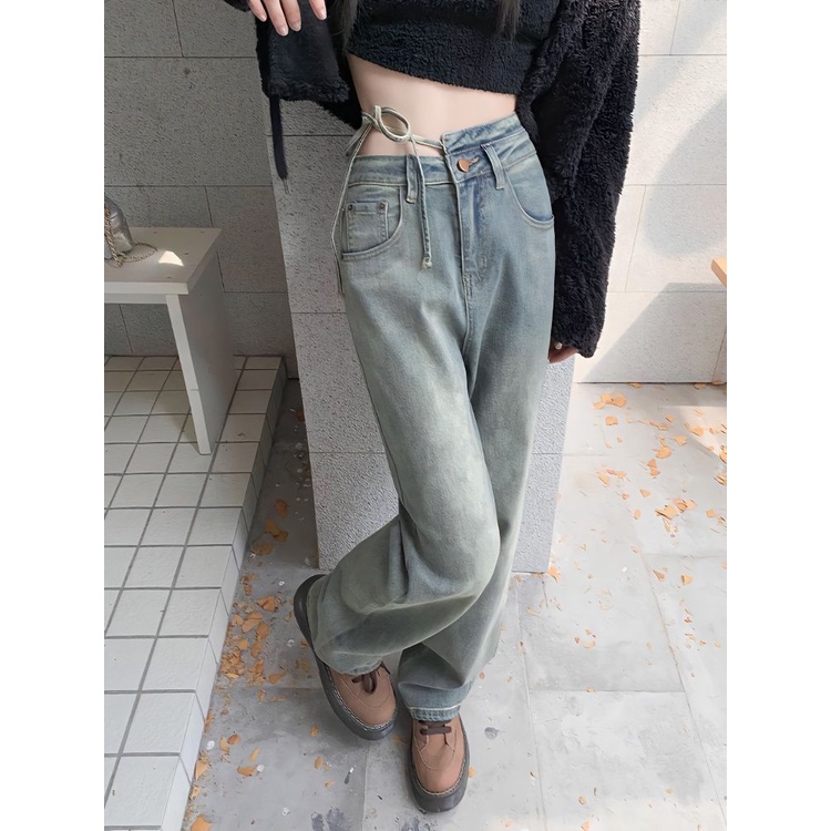 Red Irregular American retro old straight jeans wanita high waist loose high street strap mopping wide leg pants trendy