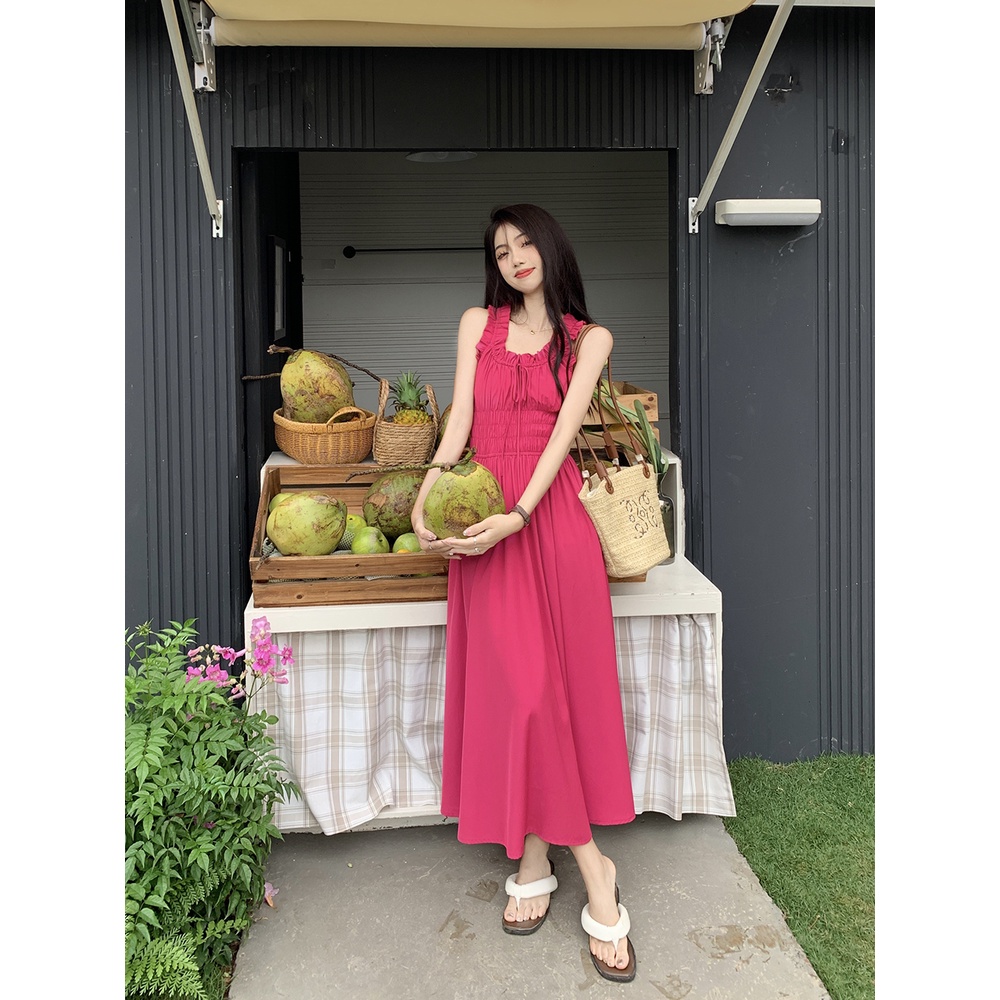 ❏☁▬Perancis retro suspender dress wanita musim panas mawar merah rok pinggang slim temperamen dasi lipit rok panjang