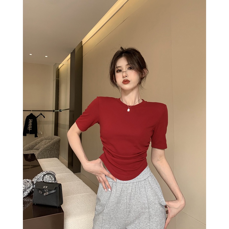 ☁﹉#COD Suhao red hot girl T-shirt lengan pendek wanita musim semi pinggang pendek rasa desain niche slim fit top bottoming shirt