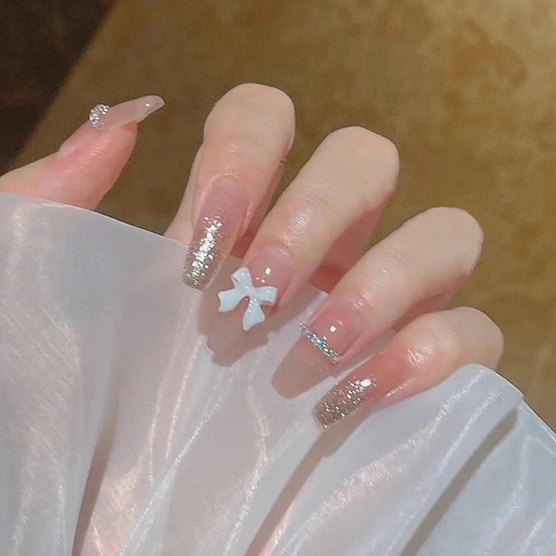 Press on Kuku Kuku Palsu Sparkly Full Cover Stick on NailsFalse Nail Tips Dengan Jelly Gum Paku Akrilik Untuk Wanita Perempuan