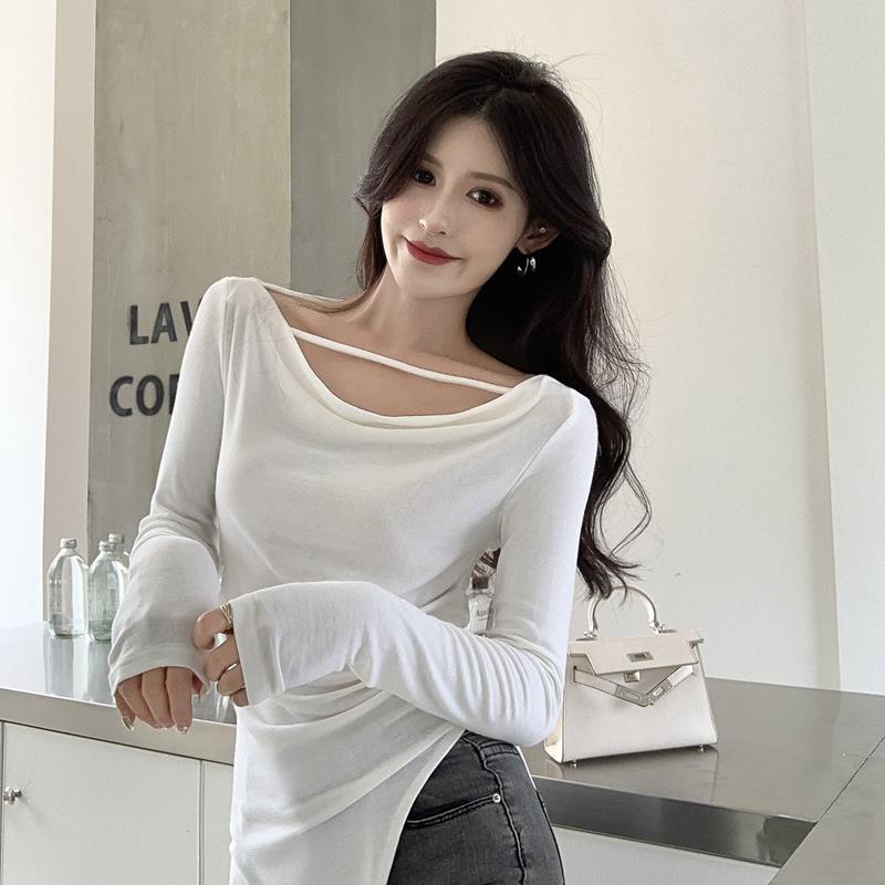Red Swing collar t-shirt wanita keinginan murni celah angin setengah panjang lengan panjang kemeja musim semi slim versi Korea dari hot girl top