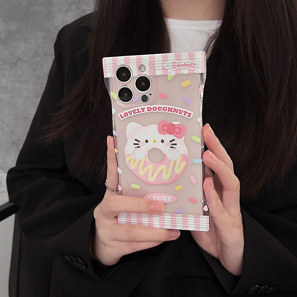 IPHONE Tas Paket Desain Phone Case Cover Donat Kitten Transparan Lucu Pink Untuk Iphone11 12 13 14 PLUS PRO MAX