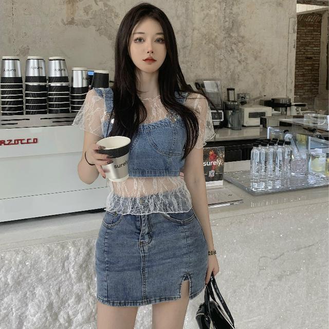 Red Denim strap net red vest wanita pakaian luar musim panas trendy hot girl one-piece suit short lace bottoming sleeveless top