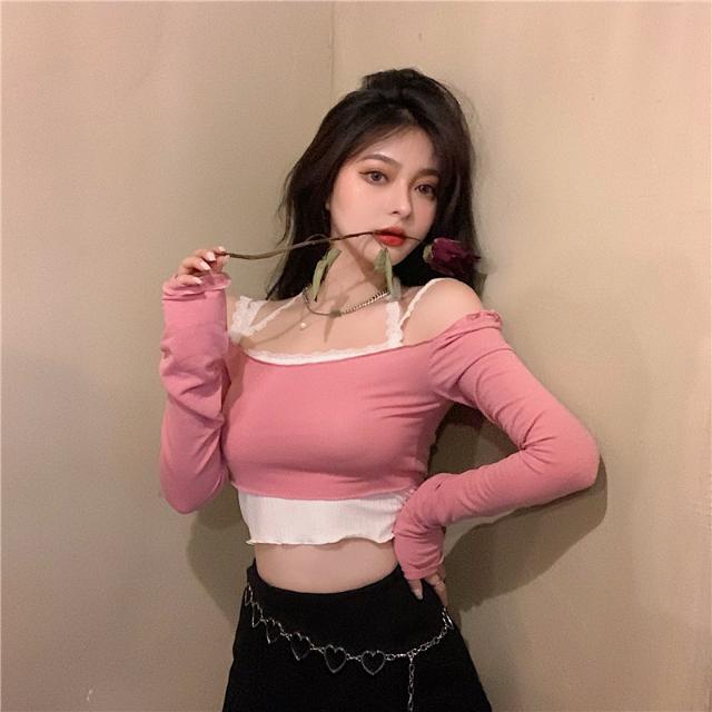 Red One-Shoulder Bagian Pendek Terkena Pusar Ketat Seksi T-shirt Wanita Setelan Jas Lengan Panjang Slim Pink Top In Pasang