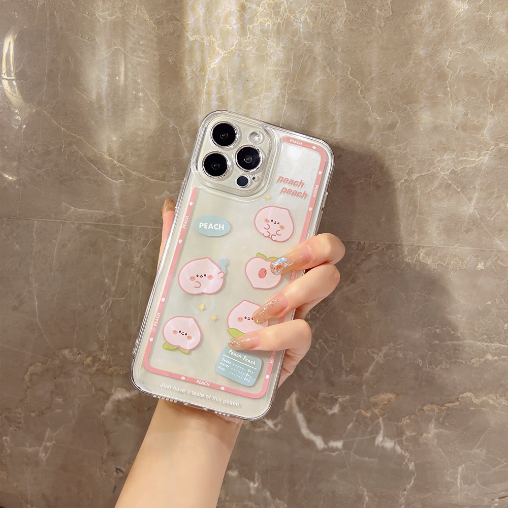 IPHONE Case Cover Handphone Transparan Motif Kartun Pink Peach Emoji Lucu Untuk Iphone7 8 PLUS X XR XS 11 12 13 14 MINI PRO MAX SE 2020