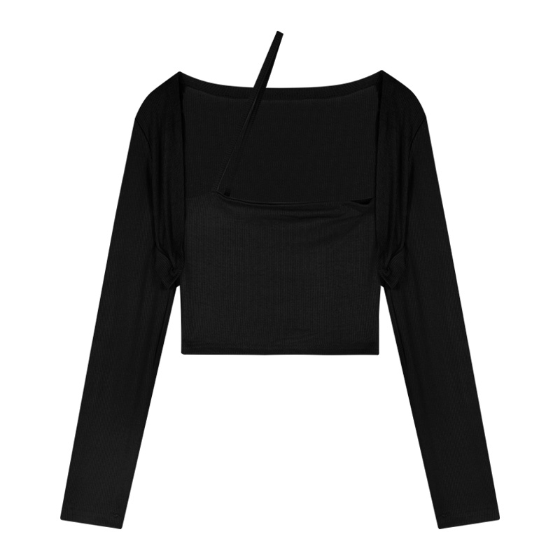 ❁#COD Suhao T-shirt Wanita Leher Gantung Tabung Atas Kerah Persegi Bagian Pendek Selendang Ramping Palsu Dua Potong Seksi Lengan Panjang blus Musim Semi Atasan Hitam