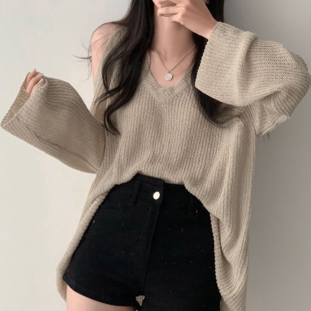 Red Sweet babes strapless V-neck lengan panjang pakaian rajut tipis wanita musim semi dan musim gugur baru sweater mesin hati-hati longgar top tide