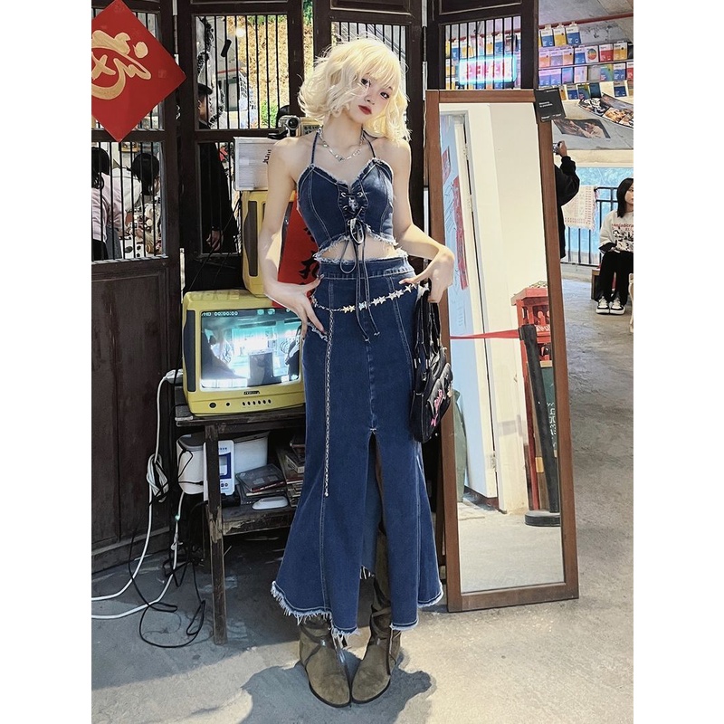 Setelan denim Amerika yang keren dan keren untuk wanita rompi halter bertali vintage rok fishtail te