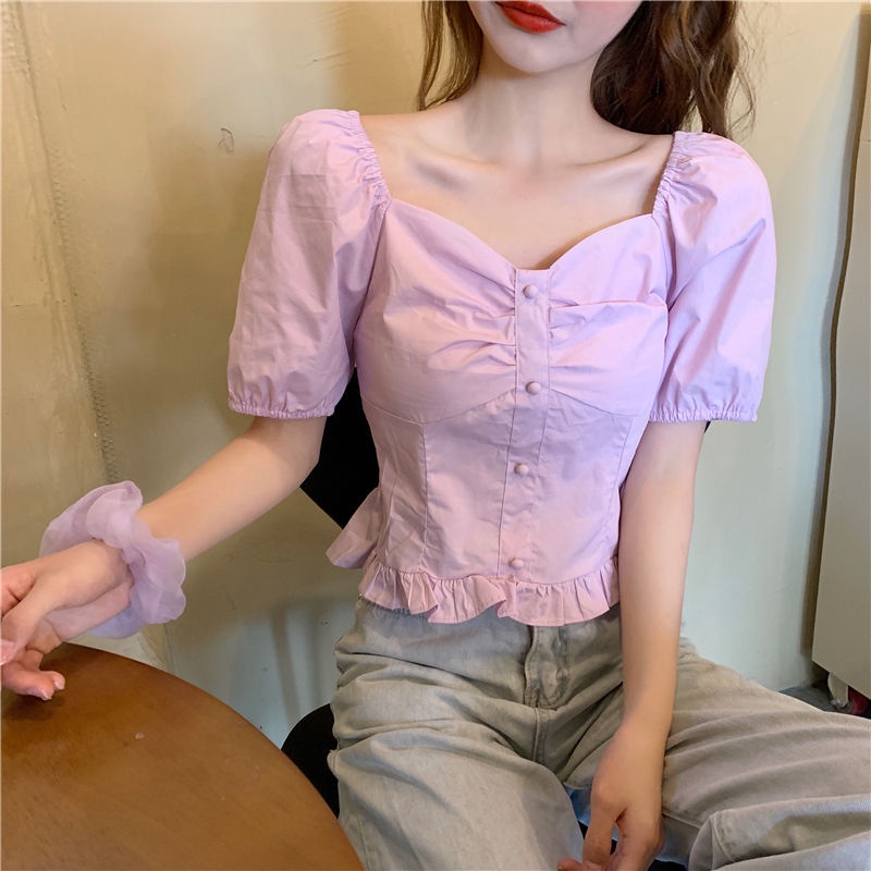 Red Rasa desain ceruk French retro square collar Hyuna kemeja lengan engah pendek gadis musim panas biru lengan setengah BM top