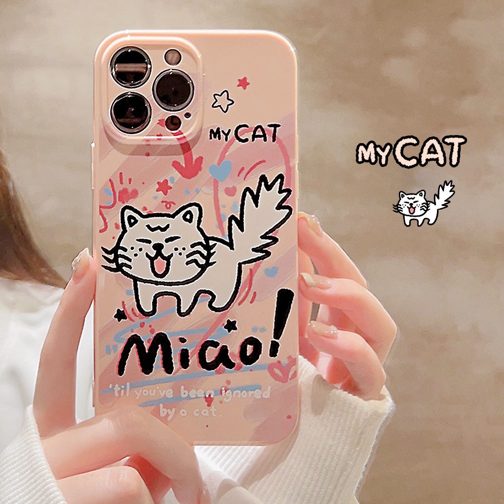 IPHONE Ins Lucu Pink Graffiti Line Cat Kartun Silikon Case Untuk Iphone14 11 12 13 PRO MAX Casing Cover Pelindung AT0190