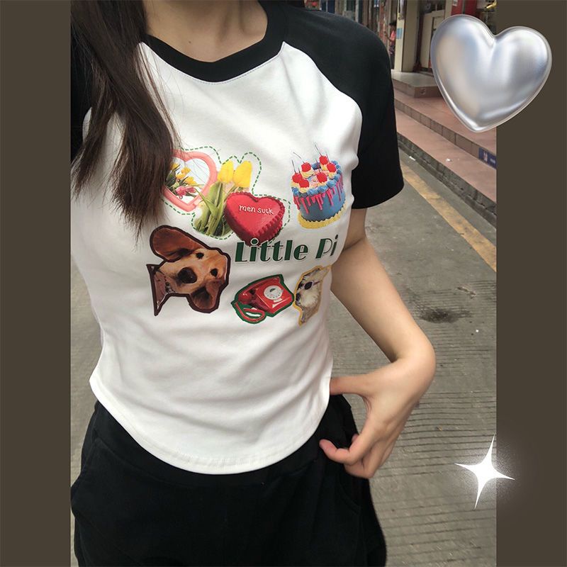 Red American retro hot girl hit color front shoulder short-sleeve t-shirt female summer slim slim niche chic unique short top