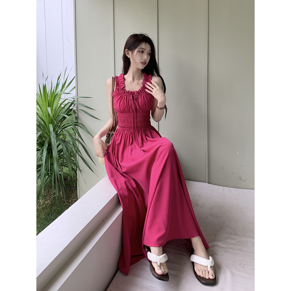 ❏☁▬Perancis retro suspender dress wanita musim panas mawar merah rok pinggang slim temperamen dasi lipit rok panjang