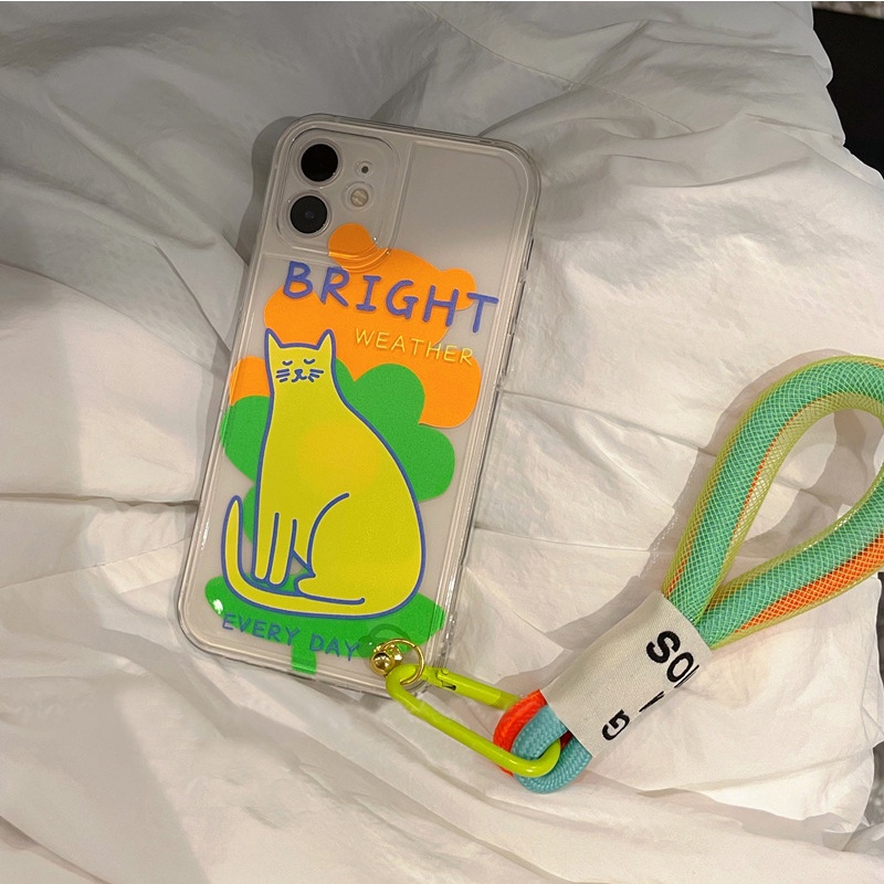 IPHONE Cover Casing Transparan Telepon Kucing Warna Neon Dengan Tali Anti Jatuh Untuk Iphone7 8 PLUS X XR XS 11 12 13 MINI PRO MAX SE 2020