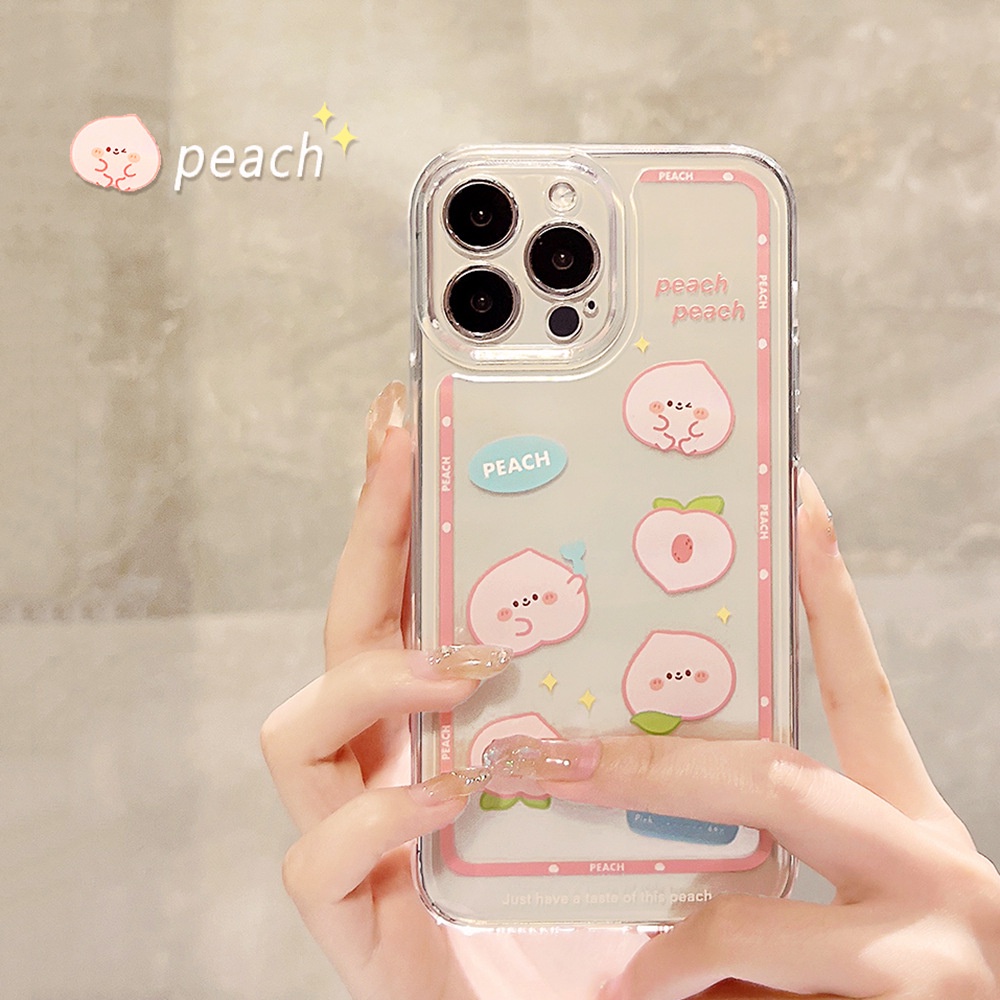 IPHONE Case Cover Handphone Transparan Motif Kartun Pink Peach Emoji Lucu Untuk Iphone7 8 PLUS X XR XS 11 12 13 14 MINI PRO MAX SE 2020