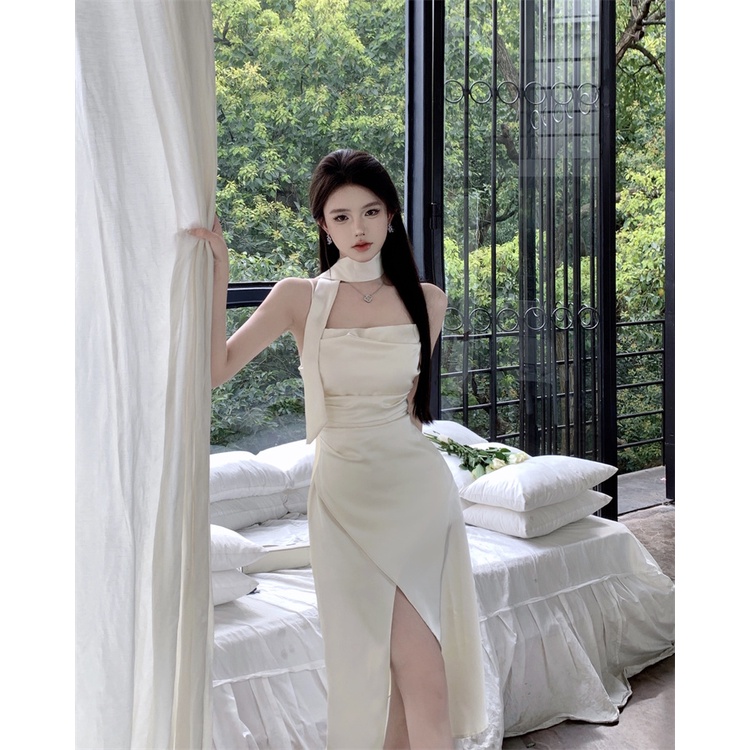 ✹◐✥French satin halter neck strap dress women s summer sexy waist slit skirt temperamen bag hip skirt rok panjang