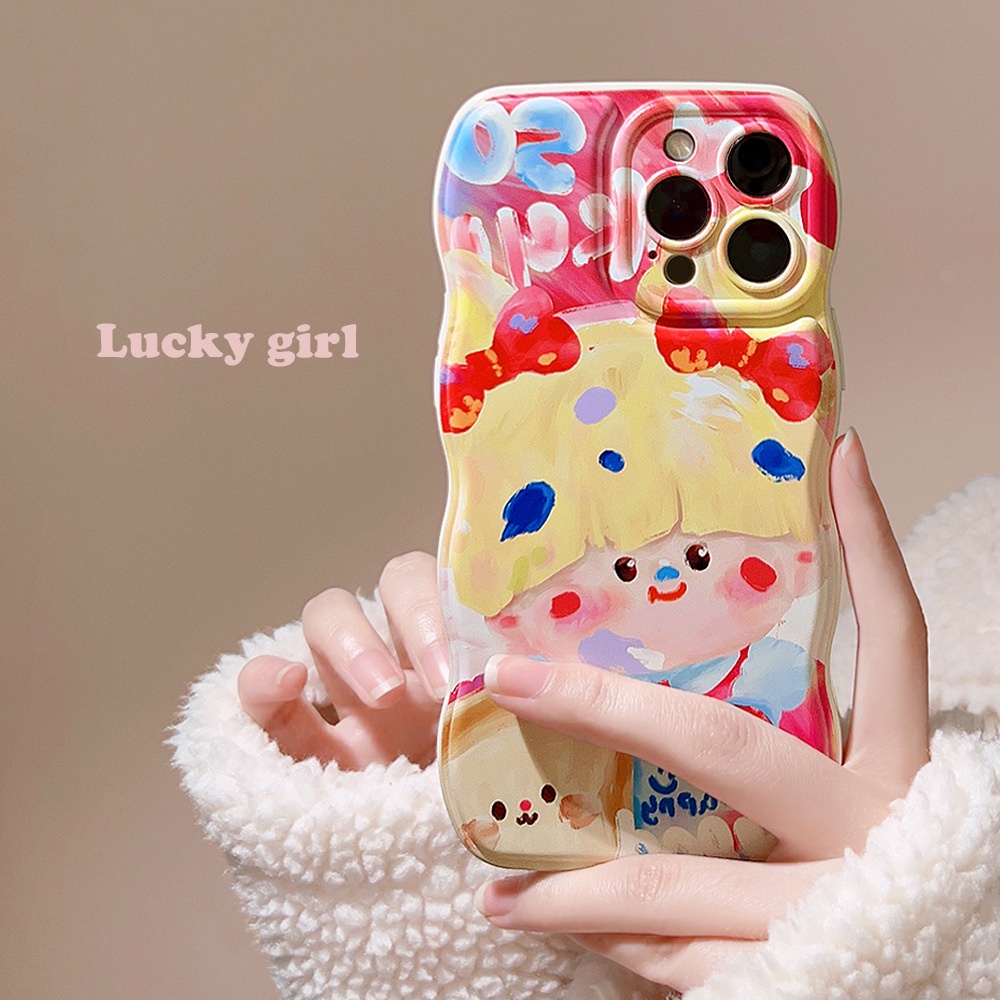 IPHONE Gadis Lucu Lukisan Cat Minyak Lembut Perlindungan Penuh Gelombang Berbentuk Kamera Pelindung Lensa Ponsel Case Cover Untuk Iphone11 12 13 14 PLUS PRO MAX