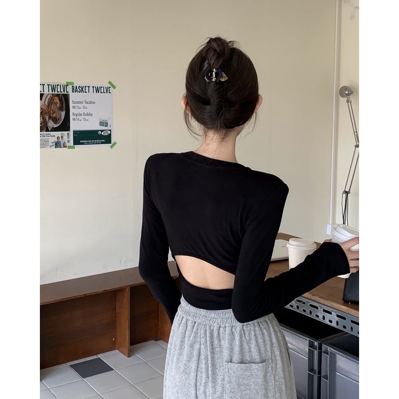 ✉♧#COD Suhao hot girl berongga lengan panjang T-shirt wanita musim semi hitam backless self-budidaya rasa desain bagian pendek bagian dalam atas kemeja bottoming