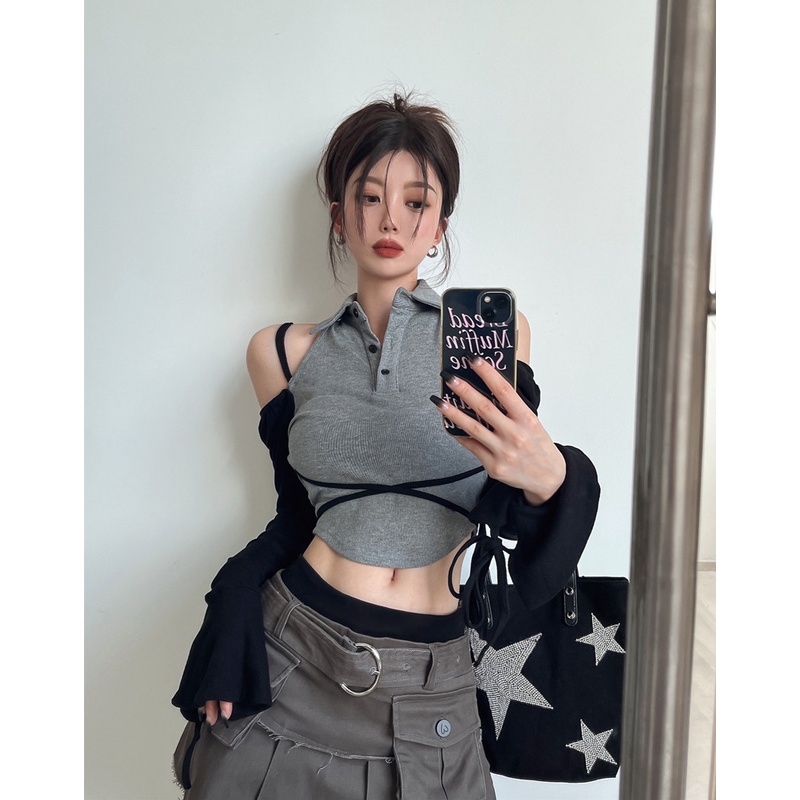 ◈❀#COD Suhao hot girl T-shirt wanita rasa desain ceruk musim semi off-shoulder jahitan lengan panjang slim-fit strap short bottoming shirt top