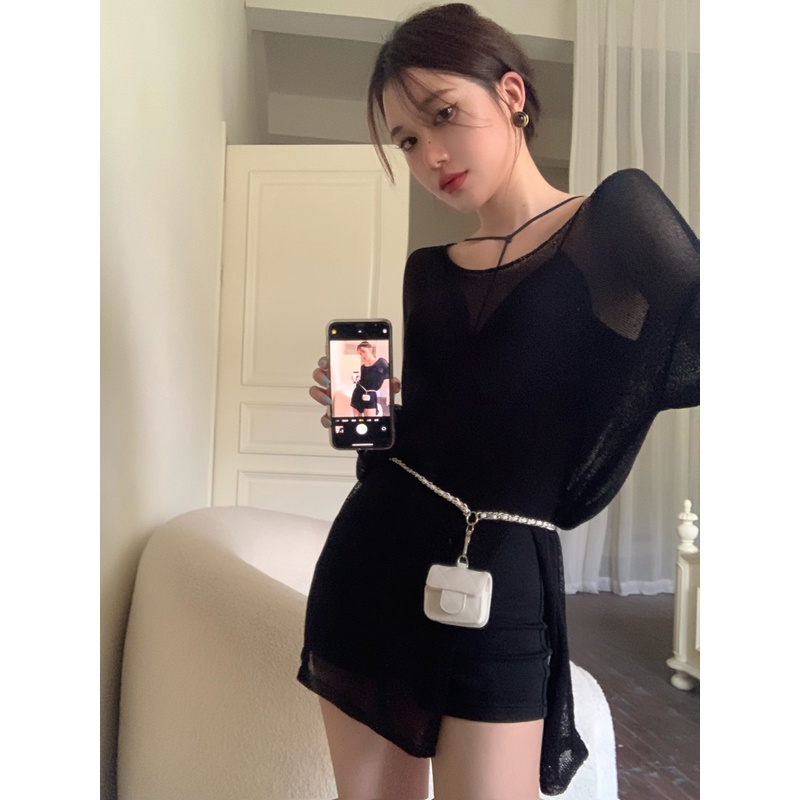 ♤✥▨Suhao hitam lengan panjang T-shirt perlindungan matahari blus musim panas wanita perspektif desain celah akal ceruk longgar top tipis top crop top tank top seksi motif wantita