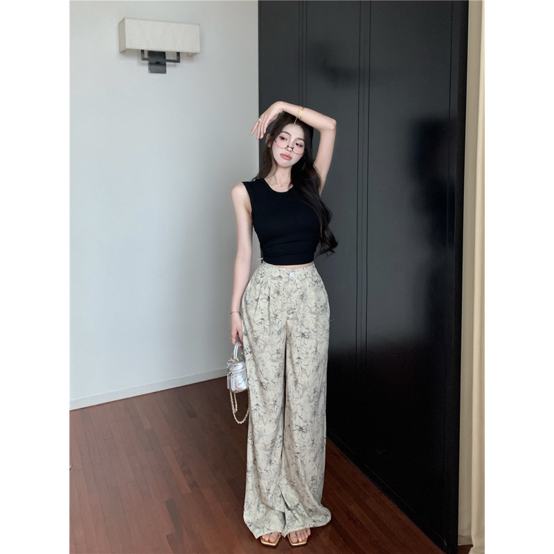 ●∋□celana wanita harga murah pinggang elastis ink printing casual pants women s summer tie-dye loose mopping trousers drape straight wide leg pants celana wanita celana highwaist