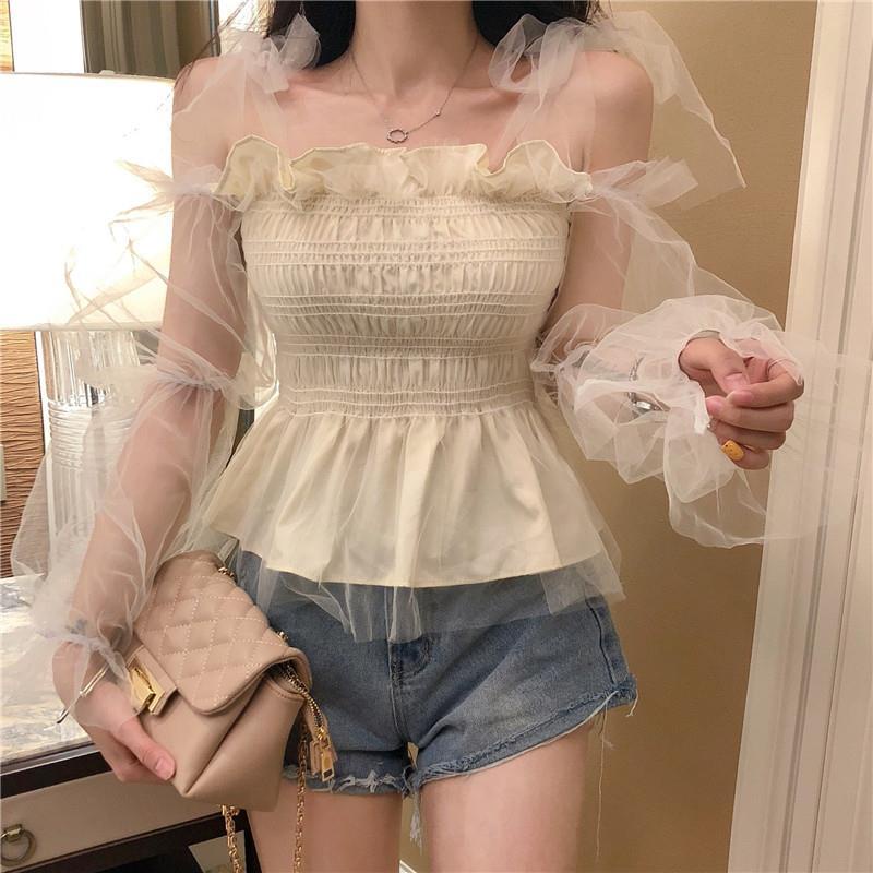 Red 2021 Musim Semi Wanita Baru Chic Temperamen Slim Mesh Jahitan Puff Lengan Pinggang Palsu Dua Potong Chiffon Top